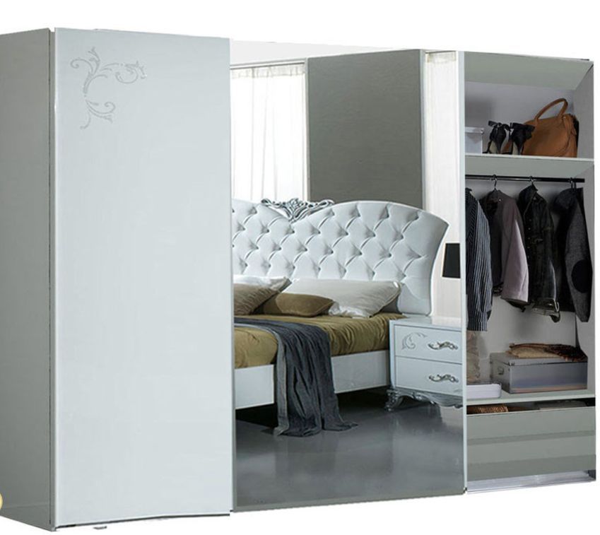 Grande armoire de chambre 3 portes coulissantes bois laqué blanc et argent Dany 270 cm - Photo n°2