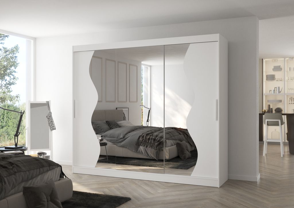 Grande armoire de chambre à coucher 3 portes coulissantes blanches et miroir biseauté Kola 250 cm - Photo n°3