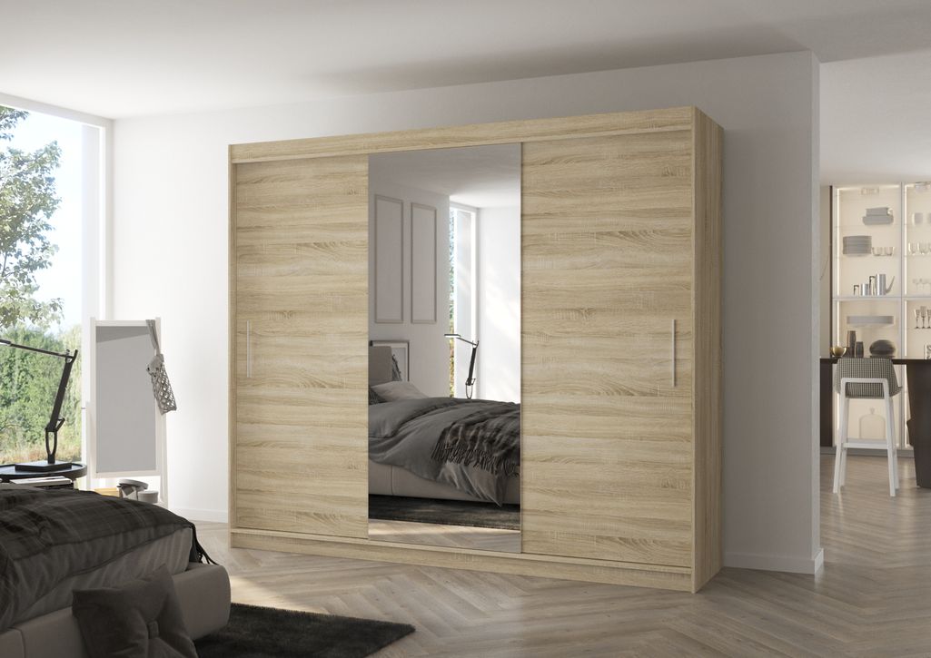 Grande armoire de chambre à coucher 3 portes coulissantes bois clair et miroir Dany 250 cm - Photo n°2