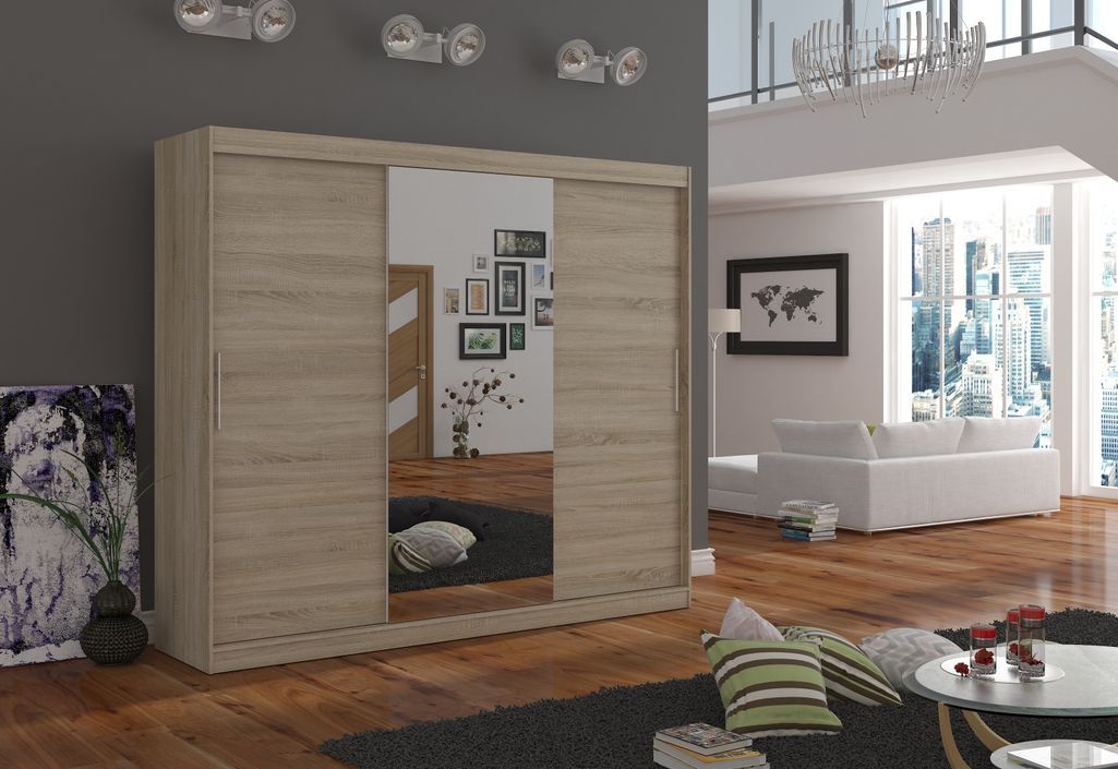 Grande armoire de chambre à coucher 3 portes coulissantes bois clair et miroir Dany 250 cm - Photo n°4