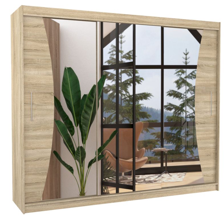 Grande armoire de chambre à coucher 3 portes coulissantes bois clair et miroir Douko 250 cm - Photo n°1