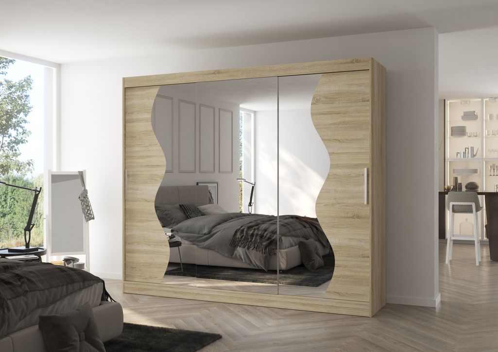 Grande armoire de chambre à coucher 3 portes coulissantes naturel et miroir biseauté Kola 250 cm - Photo n°2