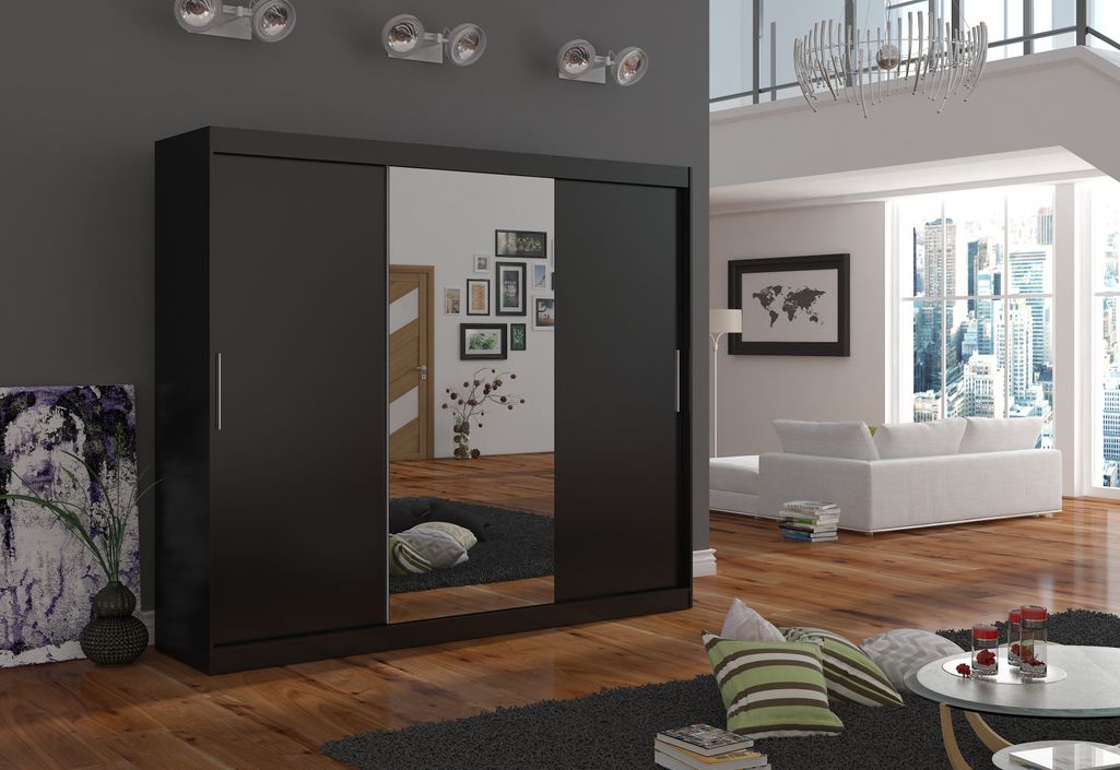 Grande armoire de chambre à coucher 3 portes coulissantes noir et miroir Dany 250 cm - Photo n°4