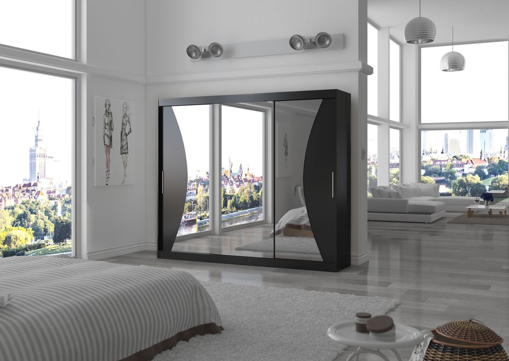 Grande armoire de chambre à coucher 3 portes coulissantes noir et miroir Douko 250 cm - Photo n°2