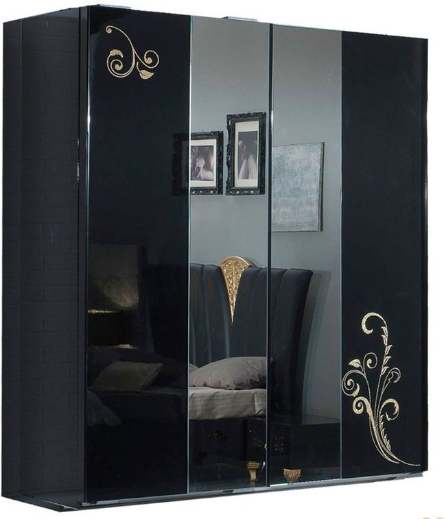 Grande armoire de chambre design 3 portes coulissantes bois laqué noir et doré Jade 270 cm - Photo n°1