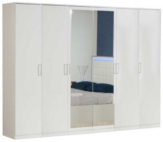 Grande armoire de chambre design 6 portes battantes bois laqué blanc Turin 272 cm - Photo n°1