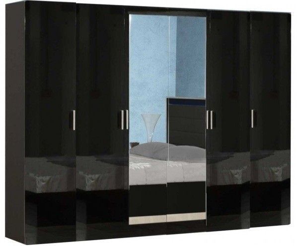 Grande armoire de chambre design 6 portes battantes bois laqué noir Turin 272 cm - Photo n°1