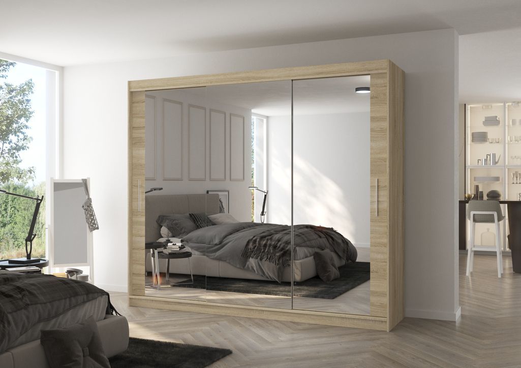 Grande armoire de chambre moderne 3 portes coulissantes bois clair et miroir Douko 250 cm - Photo n°2