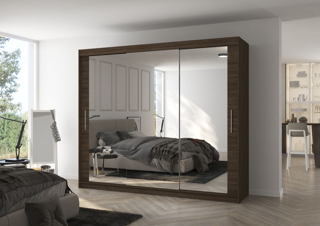 Grande armoire de chambre moderne 3 portes coulissantes marron et miroir Douko 250 cm - Photo n°2