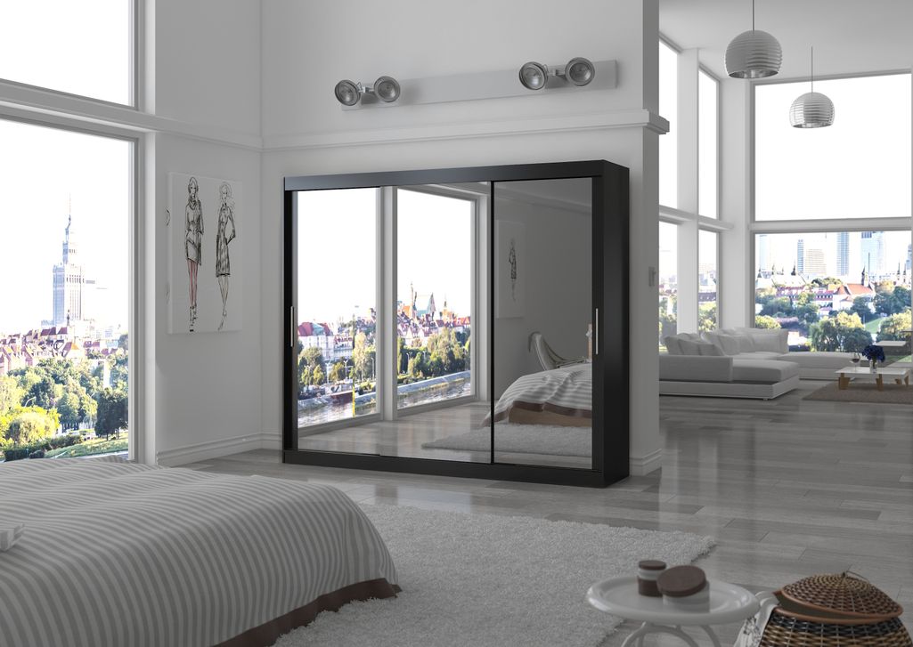 Grande armoire de chambre moderne 3 portes coulissantes noir et miroir Douko 250 cm - Photo n°2