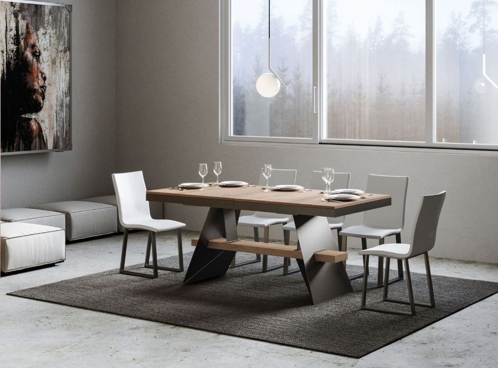 Grande table à rallonges 8 à 20 places bois clair avec un cadre et des pieds acier gris foncé 180 à 440 cm Borys - Photo n°2
