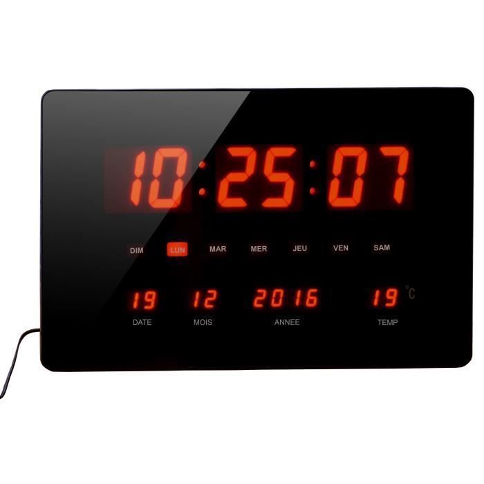 Horloge Calendrier a LED - Grands caracteres - Multifonctions - Piles fournies - 36x22cm - Noir - Photo n°1