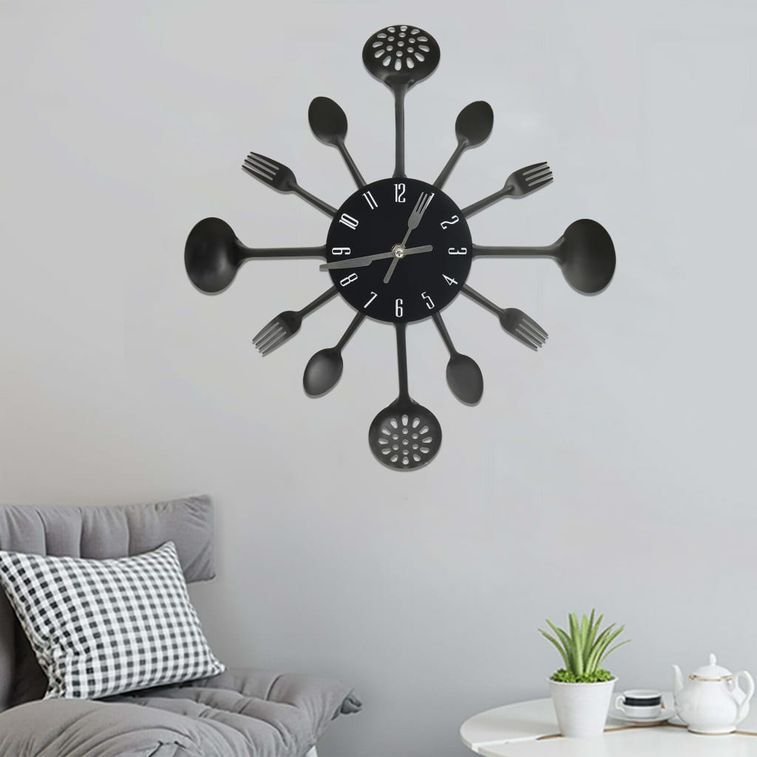 Horloge murale et cuillère avec fourchette Noir 40 cm Aluminium - Photo n°2