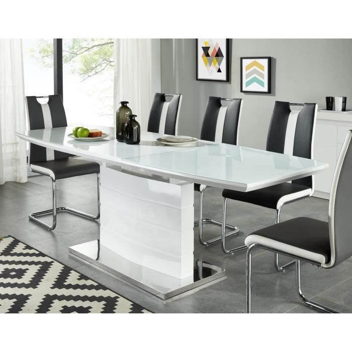 Table a manger extensible de 8 a 10 personnes style contemporain laqué blanc brillant avec socle en acier - L 160-220 x l 80 cm - Photo n°1