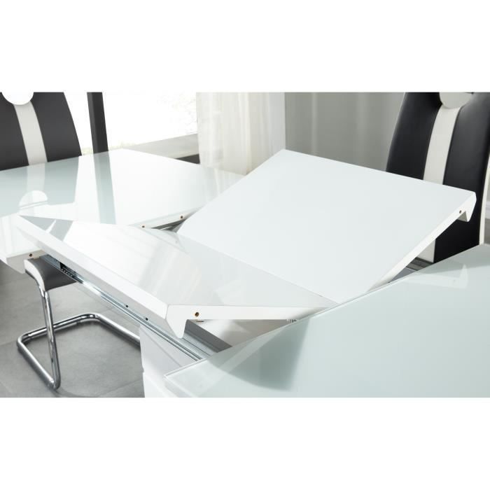 Table a manger extensible de 8 a 10 personnes style contemporain laqué blanc brillant avec socle en acier - L 160-220 x l 80 cm - Photo n°2