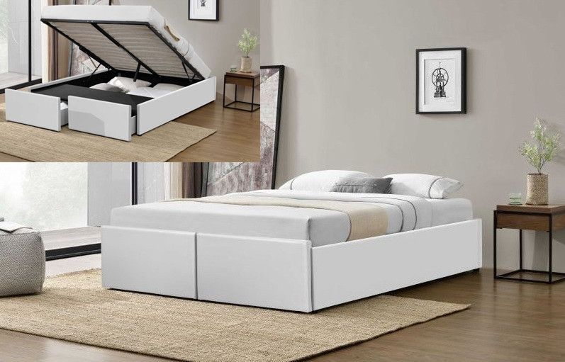 Cadre de lit avec coffre et 2 tiroirs 140x190 cm simili cuir blanc mat Karmi - Photo n°3