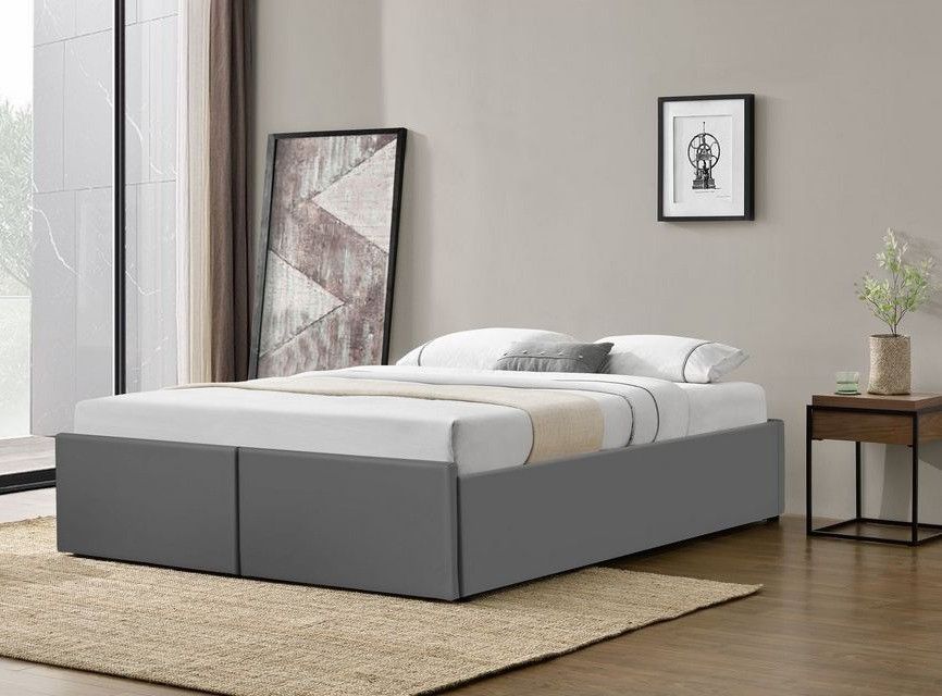 Cadre de lit avec coffre et 2 tiroirs 140x190 cm simili cuir gris mat Karmi - Photo n°3