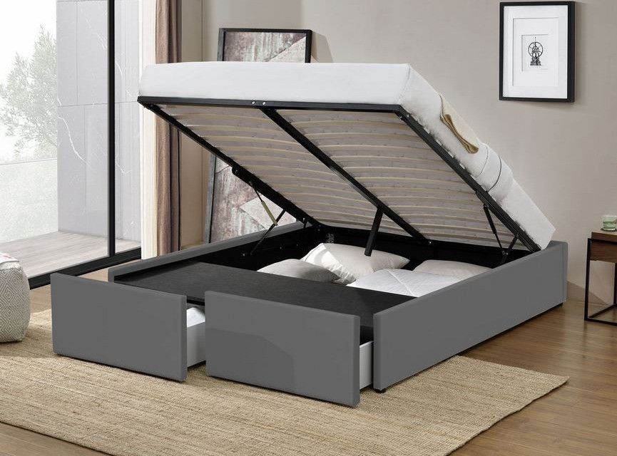 Cadre de lit avec coffre et 2 tiroirs 140x190 cm simili cuir gris mat Karmi - Photo n°2