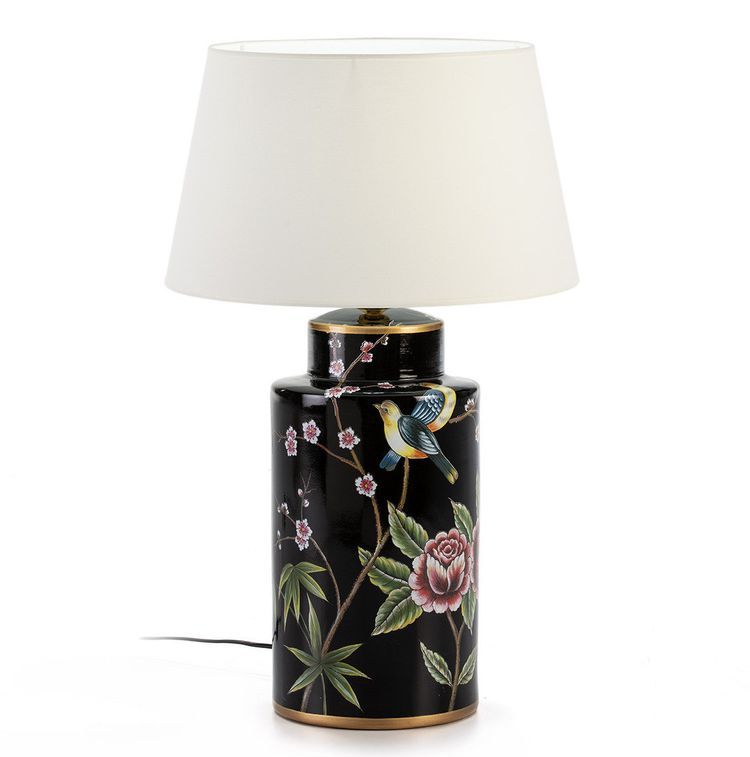 Lampe de table tissu blanc et céramique noir à motif Souly - Photo n°1