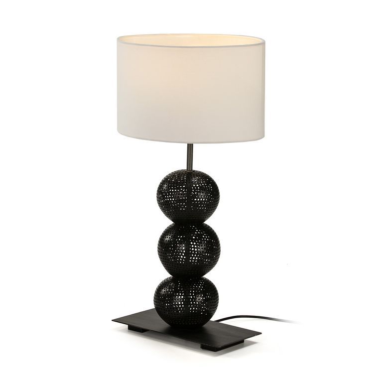Lampe de table tissu blanc et pied coco noir Palim - Photo n°1