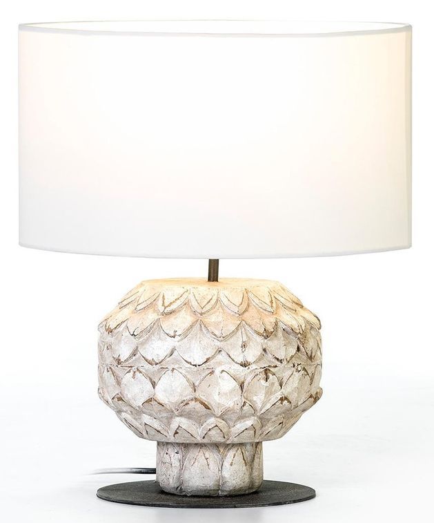 Lampe de table tissu et bois blanc vieilli Lavani - Photo n°1