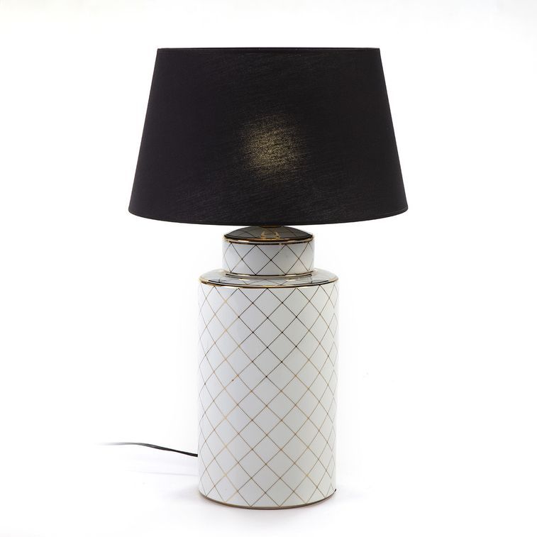 Lampe de table tissu noir et céramique blanc et doré Souly - Photo n°1