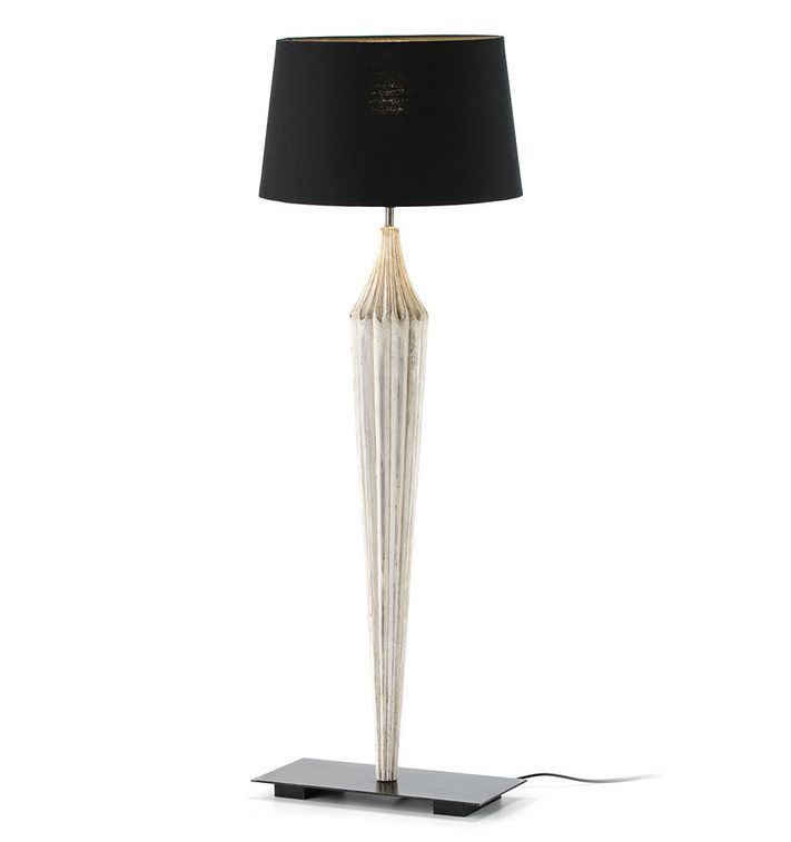 Lampe de table tissu noir et pied acajou massif blanc Ajess - Photo n°1