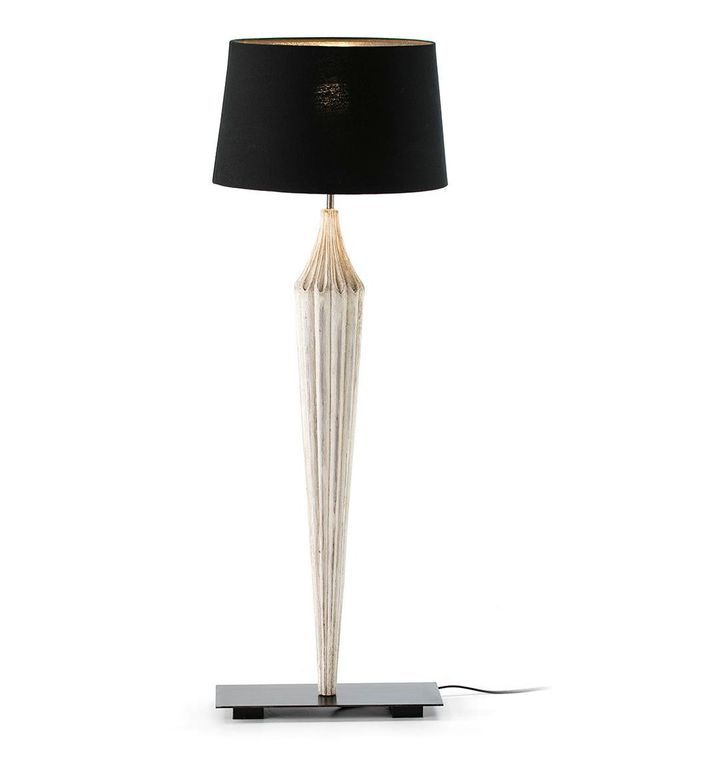 Lampe de table tissu noir et pied acajou massif blanc Ajess - Photo n°2