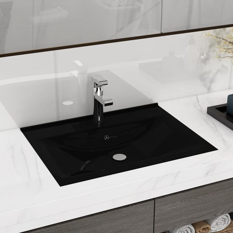 Lavabo avec trou de robinet Noir mat 60x46 cm Céramique - Photo n°2