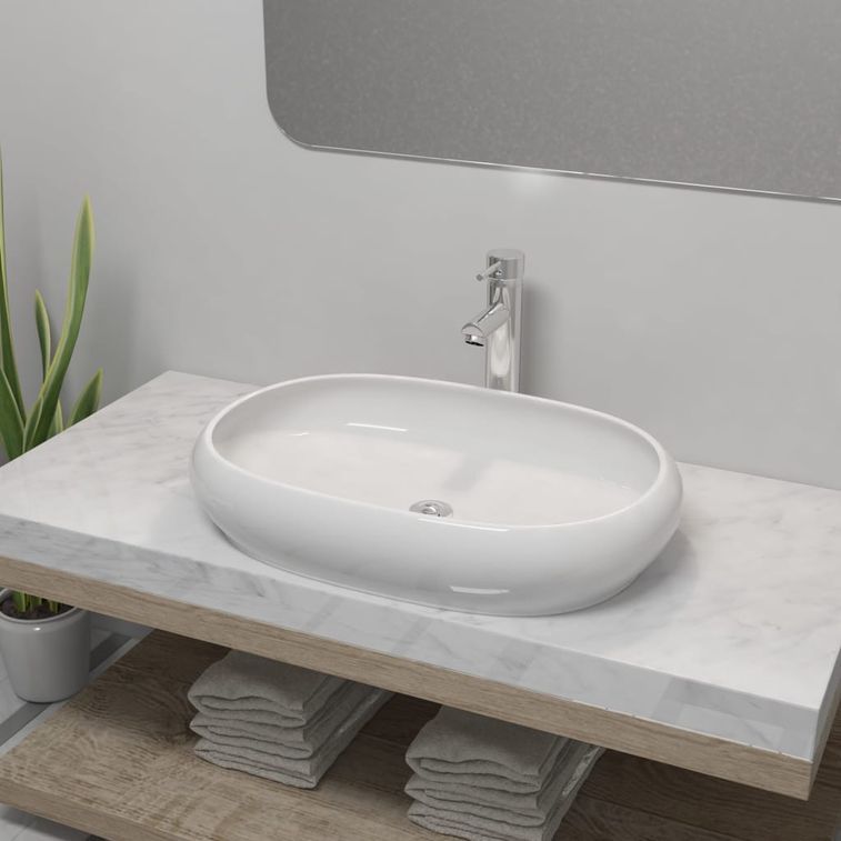Lavabo de salle de bain avec mitigeur Céramique Ovale Blanc - Photo n°1