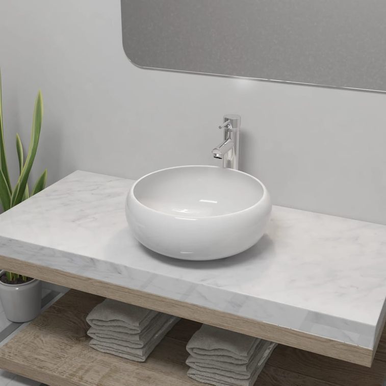 Lavabo de salle de bain avec mitigeur Céramique Rond Blanc - Photo n°1