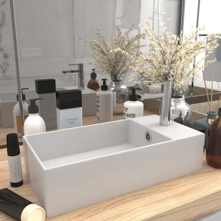 Lavabo de salle de bain avec trop-plein Céramique Blanc mat - Photo n°2