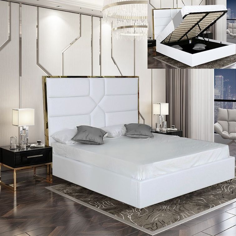 Lit 160x200 cm avec coffre de rangement et tête de lit simili blanc et laiton Delhie - Photo n°2