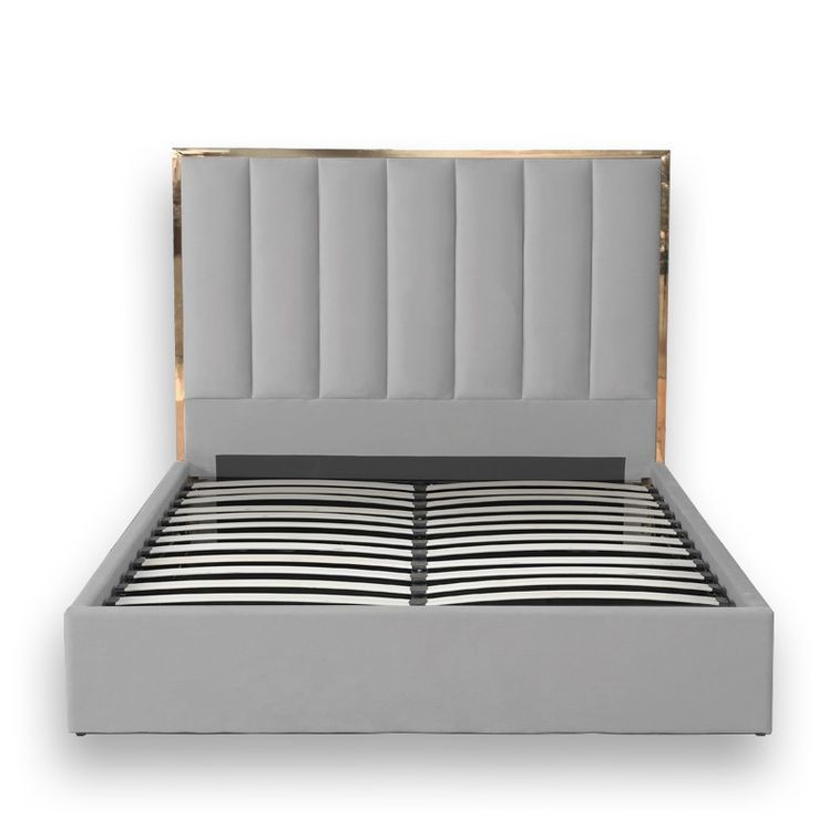 Lit 160x200 cm avec coffre de rangement et tête de lit velours gris et laiton Posta - Photo n°2