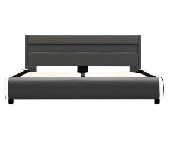 Lit à LED 2 tiroirs simili cuir gris et pieds bois massif noir Nyam 160x200 cm - Photo n°5