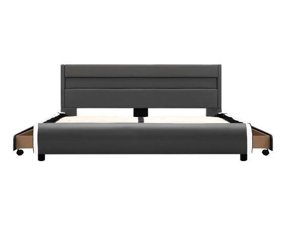 Lit à LED 2 tiroirs simili cuir gris et pieds bois massif noir Nyam 160x200 cm - Photo n°6