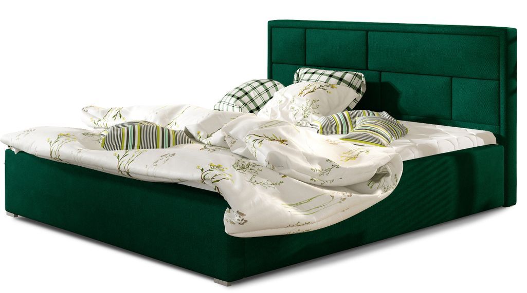 Lit avec coffre velours vert tête de lit capitonnée Lenzo - 4 tailles - Photo n°1