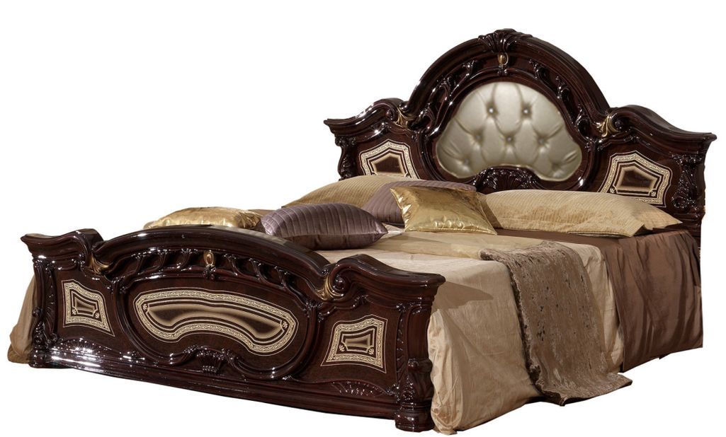 Lit baroque laqué acajou tête de lit capitonnée simili cuir beige Soraya 160x200 cm - Photo n°1