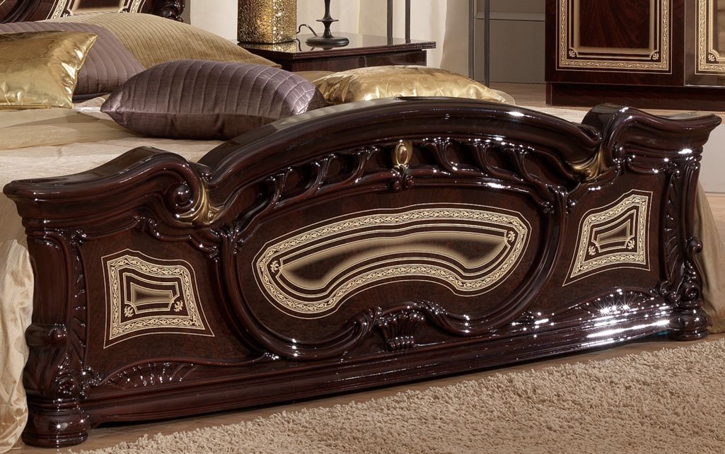 Lit baroque laqué acajou tête de lit capitonnée simili cuir beige Soraya 160x200 cm - Photo n°4