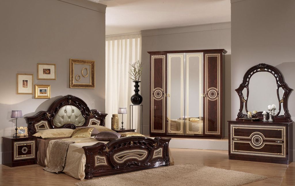 Lit baroque laqué acajou tête de lit capitonnée simili cuir beige Soraya 180x200 cm - Photo n°2