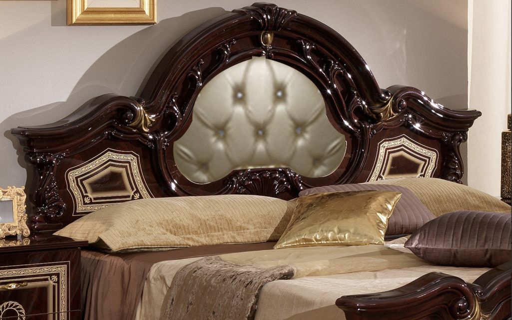 Lit baroque laqué acajou tête de lit capitonnée simili cuir beige Soraya 180x200 cm - Photo n°3