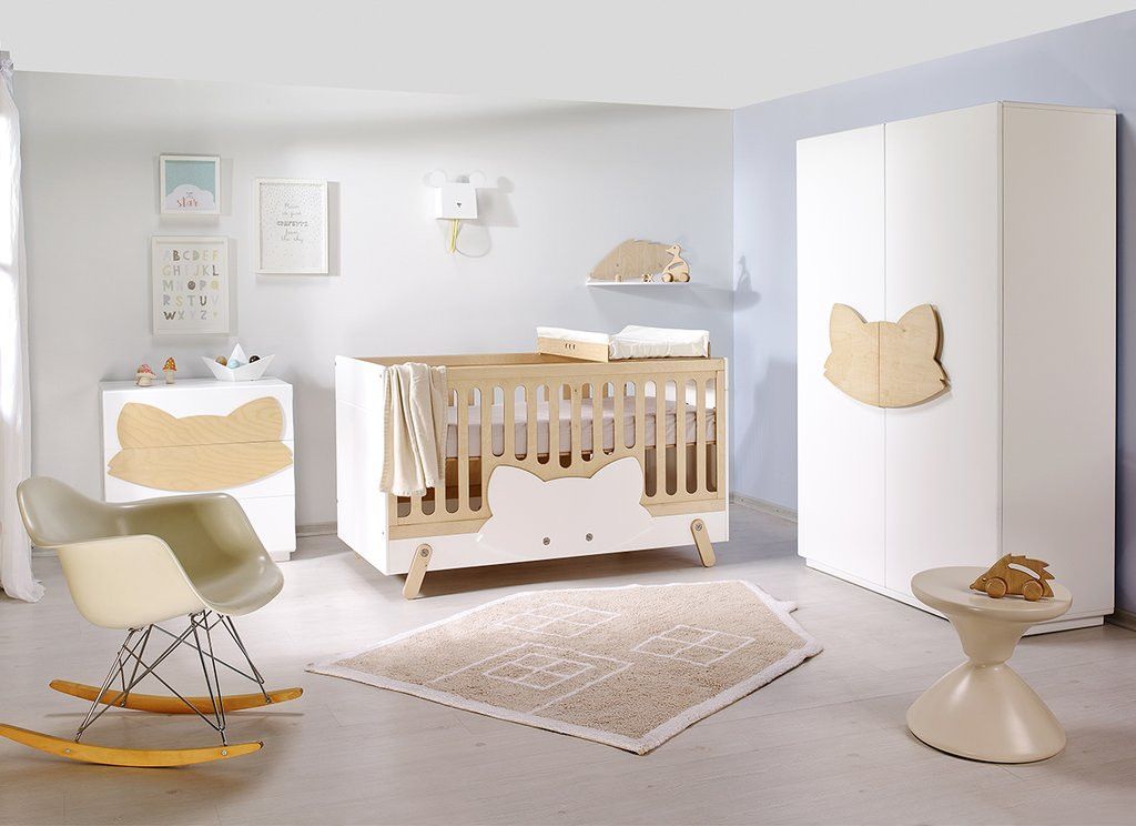 Lit bébé évolutif laqué blanc et motif beige clair Fox 70 - Photo n°3