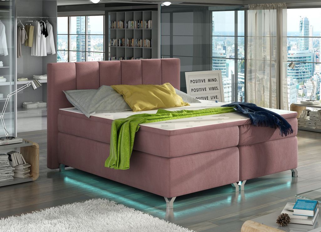 Lit boxspring 160x200 cm velours rose clair Balfor - Photo n°1