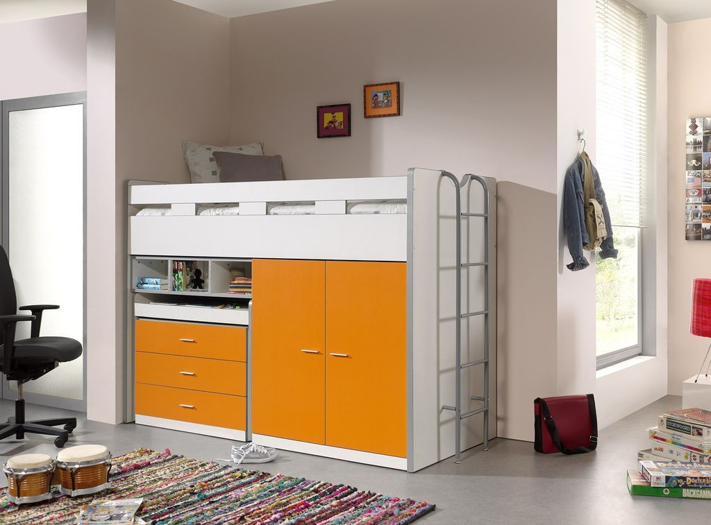 Lit combiné 90x200 cm avec sommier 3 tiroirs 2 portes bois blanc et orange Bonny - Photo n°2