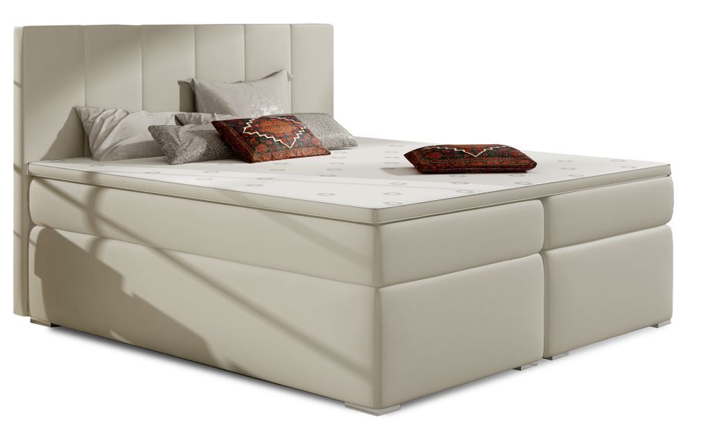 Lit continental simili cuir beige clair avec matelas et surmatelas Louna - Photo n°1