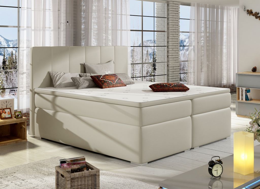 Lit continental simili cuir beige clair avec matelas et surmatelas Louna - Photo n°2