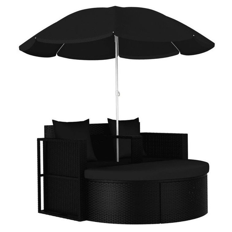 Lit de jardin avec parasol tissu et résine tressée noire Uvo - Photo n°1