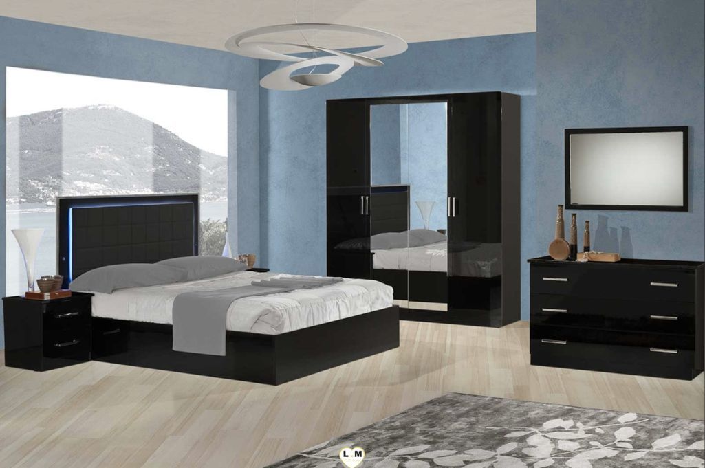 Lit design avec coffre bois noir laqué et tête de lit capitonnée simili cuir noir avec Led Turin - Photo n°5