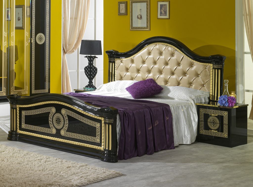 Lit design laqué noir tête de lit capitonnée simili cuir beige Savana 160x200 cm - Photo n°2