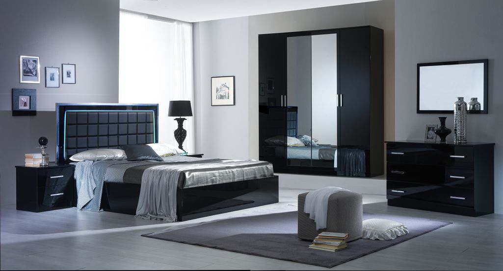 Lit design noir laqué et tête de lit capitonnée simili cuir noir avec Led Turin - Photo n°3